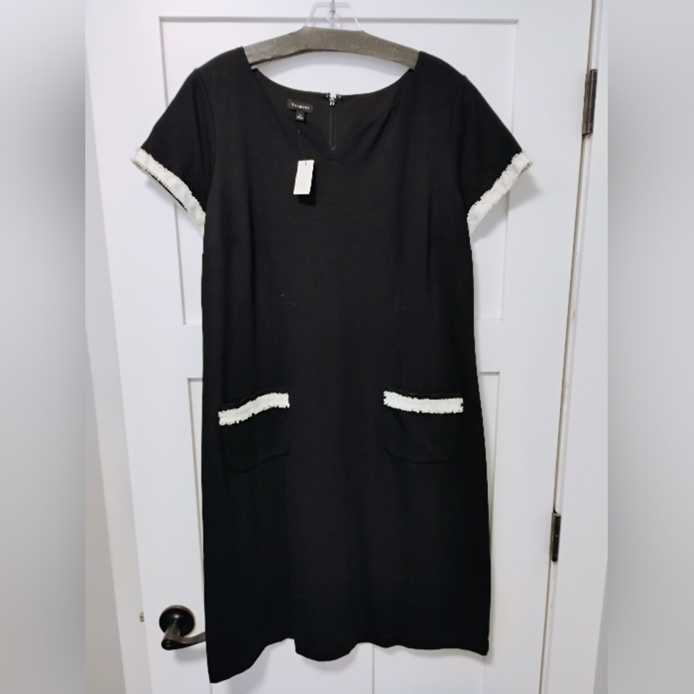 Talbots Women's Black Stretch White Fringe Sleeve Shift Dress